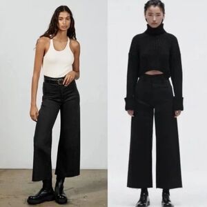 4 Zara The Marine Wide Leg Black Denim High Waist Raw Frayed Hem Grunge